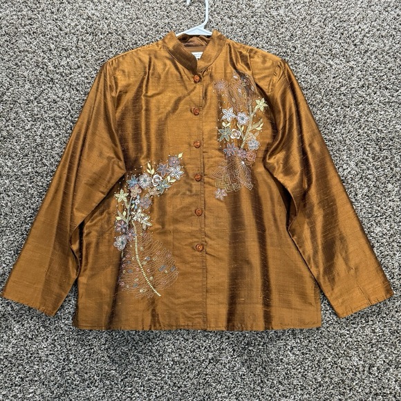 Coldwater Creek Tops - Coldwater Creek Large Silk Embroidered Mandarin Collar Blouse Orange Floral Boho